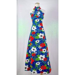 Vintage 70s Floral Cross Halter Dress